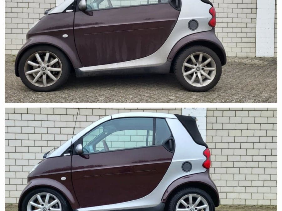 Smart Fortwo verschmutzt und gereinigt im Seitenprofil-Vergleich