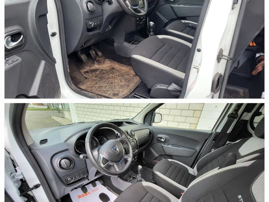 Dacia-Innenraum mit verschmutztem und gereinigtem Fußraum im Vergleich