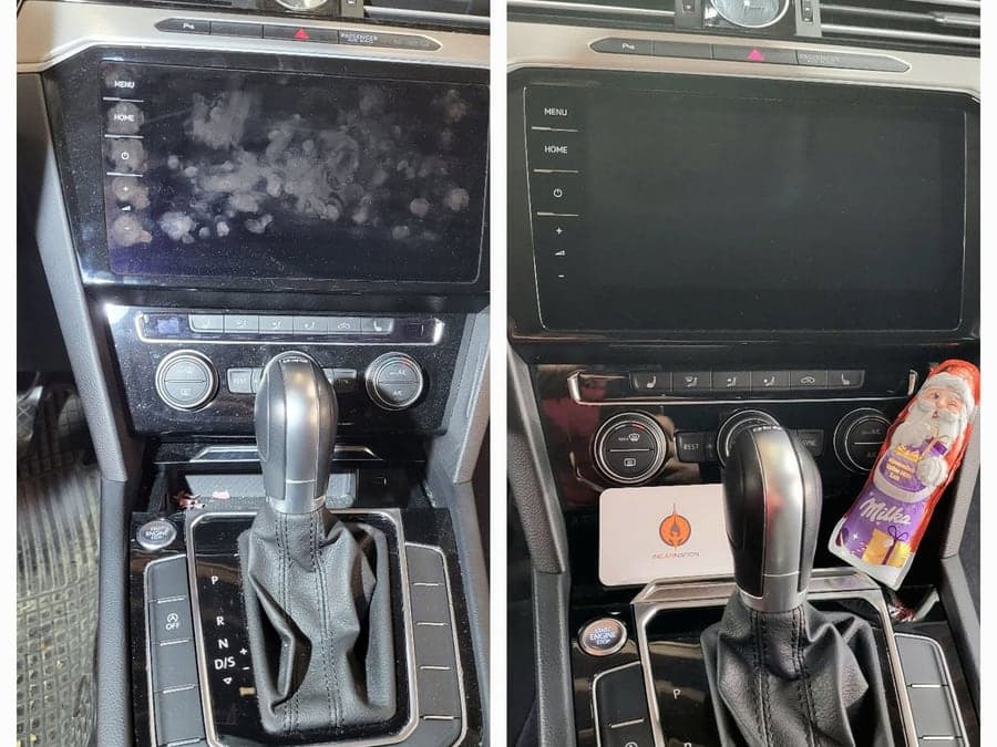 Mittelkonsole und Display eines VW Passat vor und nach der Reinigung