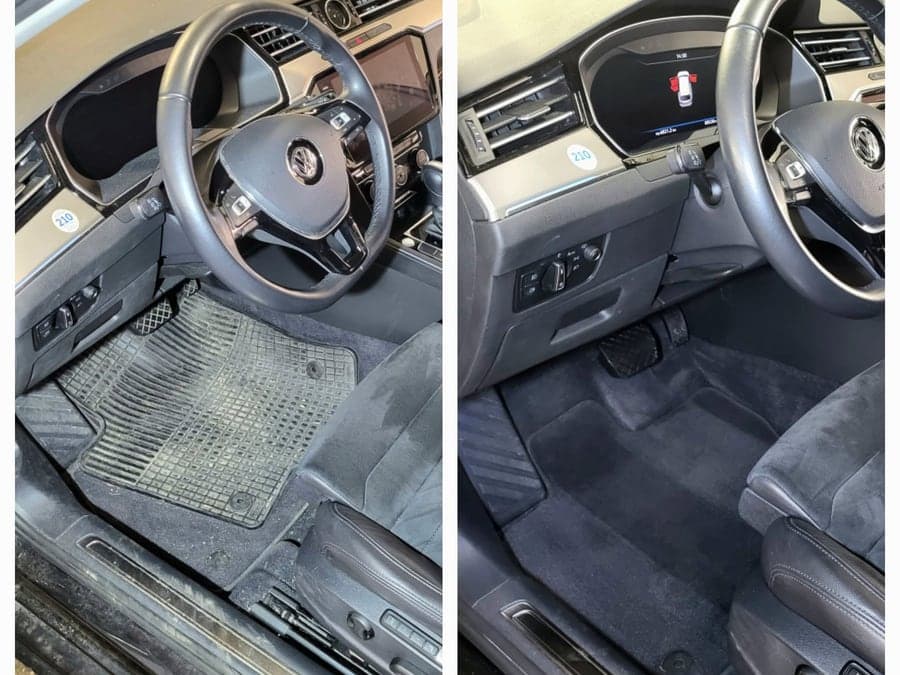 Fahrerfußraum eines VW Passat vor und nach der Innenaufbereitung
